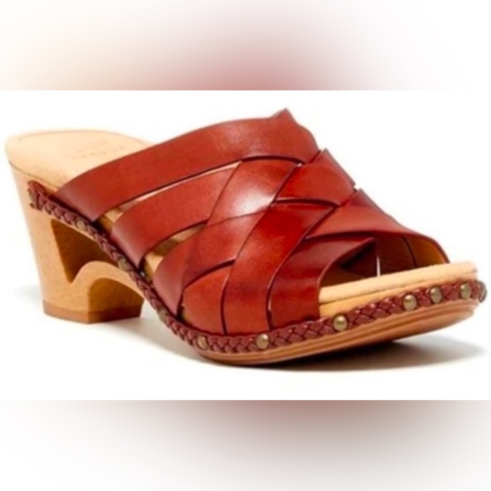 Dansko Tory Dark Coral Red Brown Woven Leather Open Toe Heeled Clog Sandals 38